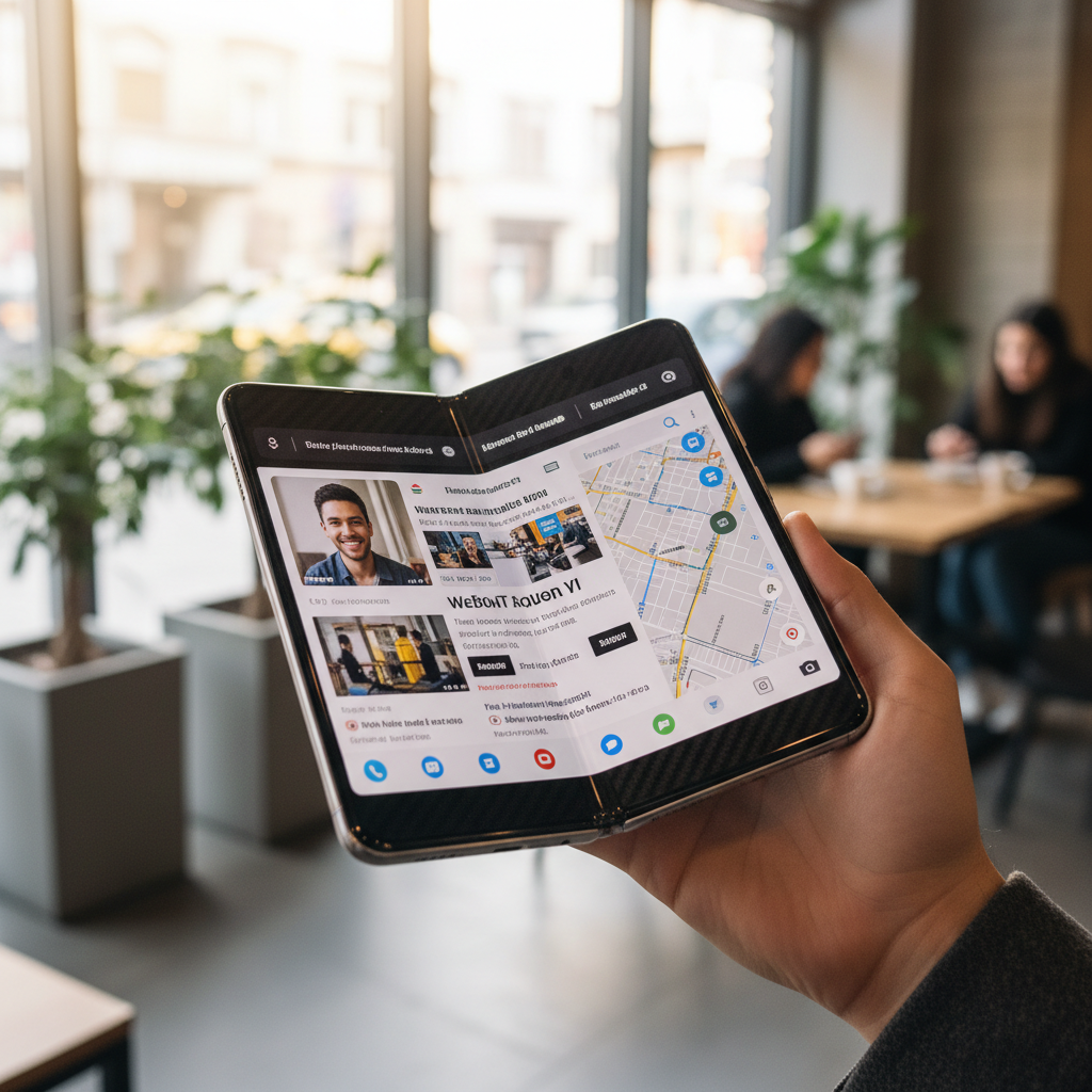 Hand holding a foldable smartphone fully unfolded showing a large internal display with multi-window apps, modern coffee shop background blurred, lifestyle product photography, natural window lighting