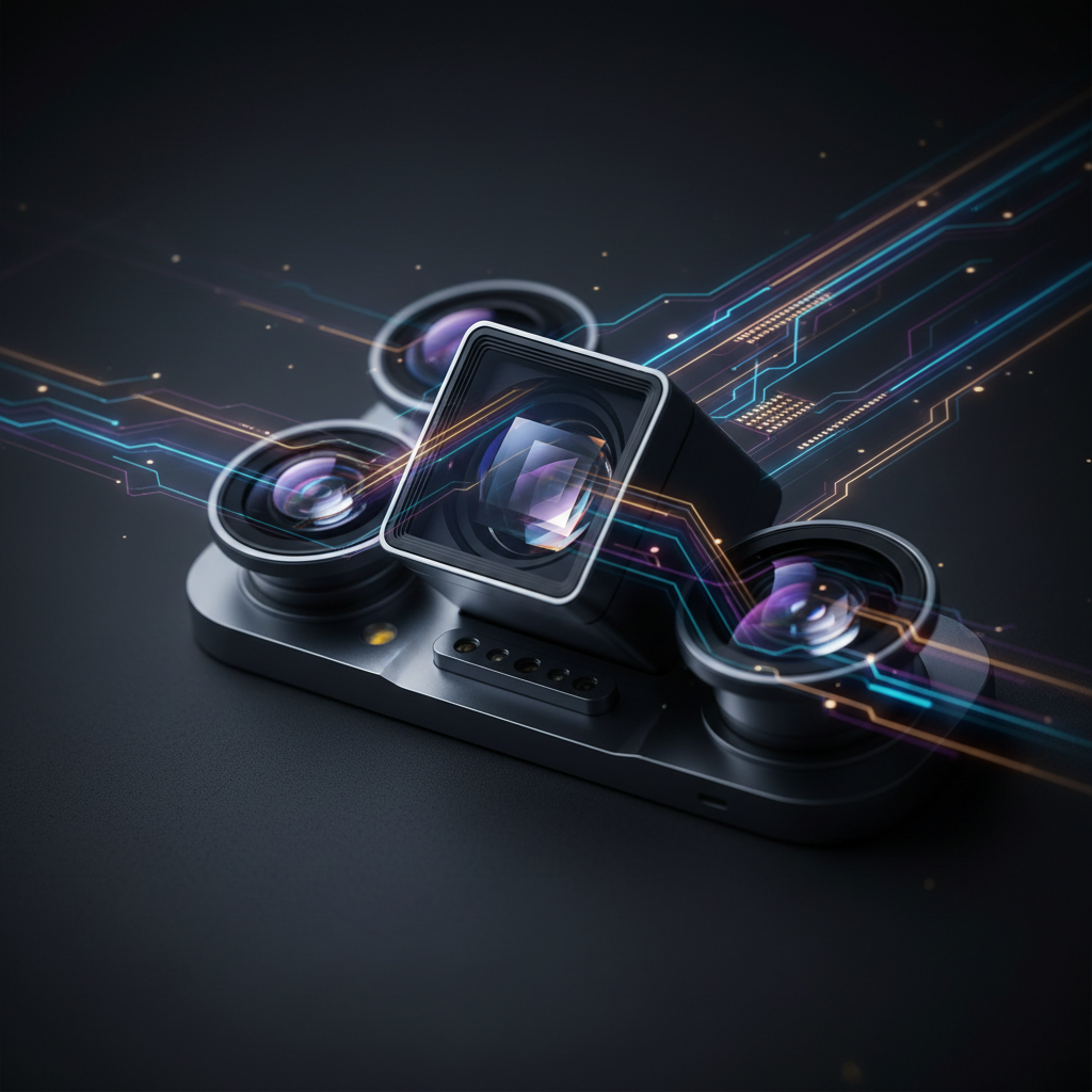 Close-up macro shot of a smartphone camera module with multiple lenses including periscope telephoto, computational photography visualization with light rays, technical product photography, dark moody