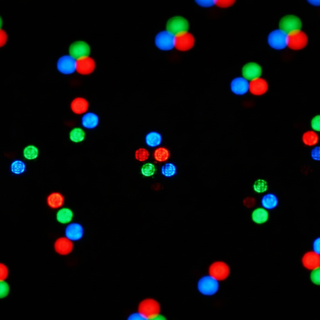 Close-up macro shot of an OLED TV panel showing individual pixel-level light emission, futuristic technology visualization, glowing red green and blue subpixels on dark background, scientific photogra