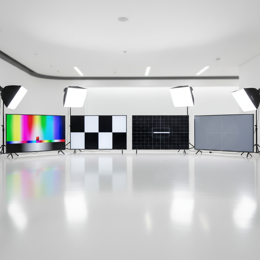 Side-by-side comparison setup of four premium OLED televisions in a tech showroom, each displaying different test patterns, professional studio lighting, clean minimalist white floor, retail product p