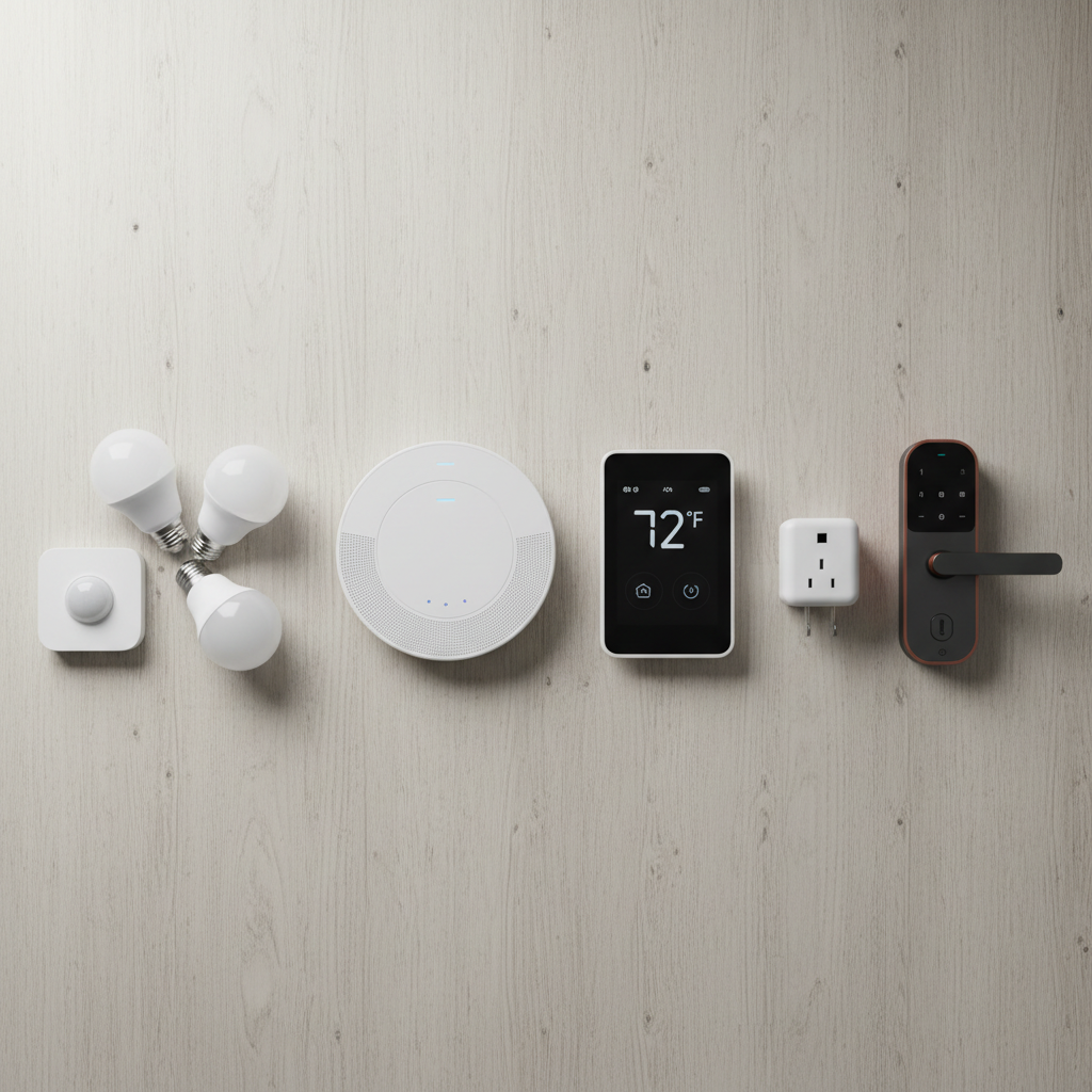 Collection of smart home devices arranged neatly on a wooden table: smart bulbs, motion sensors, smart plug, hub, smart thermostat, smart door lock — flat lay product photography, soft studio lighting