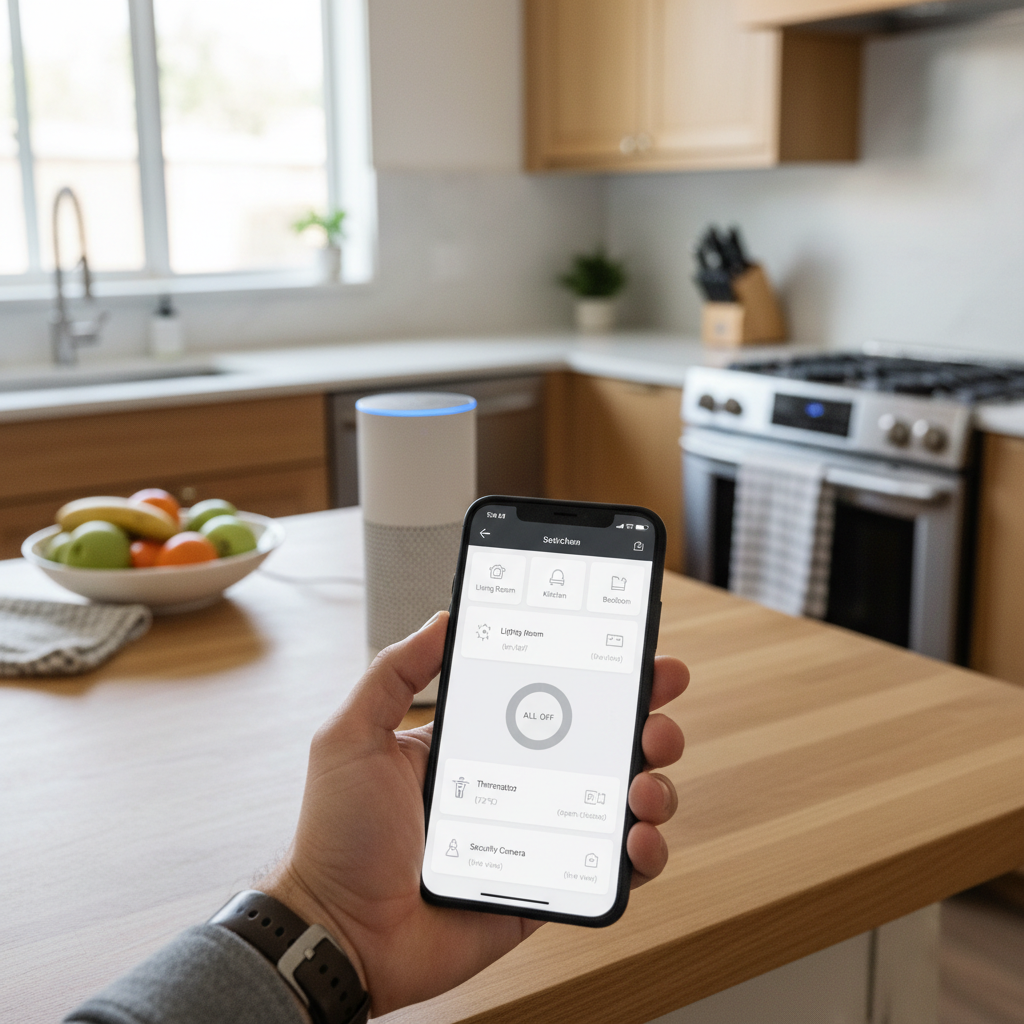 Hand holding a smartphone displaying a smart home control app dashboard with multiple rooms and devices visible, smart speaker in background, warm modern kitchen, lifestyle photography, natural lighti