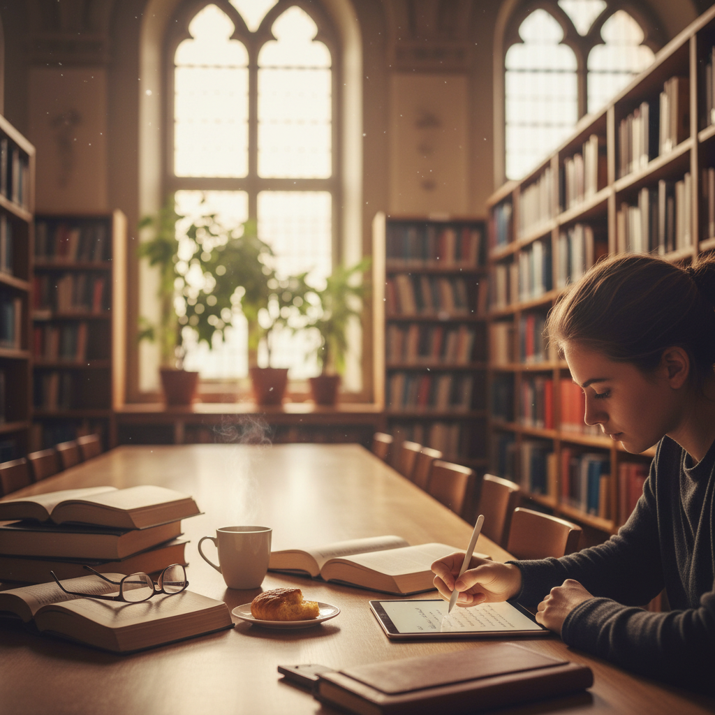 Student taking handwritten notes on a tablet with a stylus pen in a university library, books and coffee on the wooden desk, soft warm lighting from a window, photorealistic lifestyle photography, dep