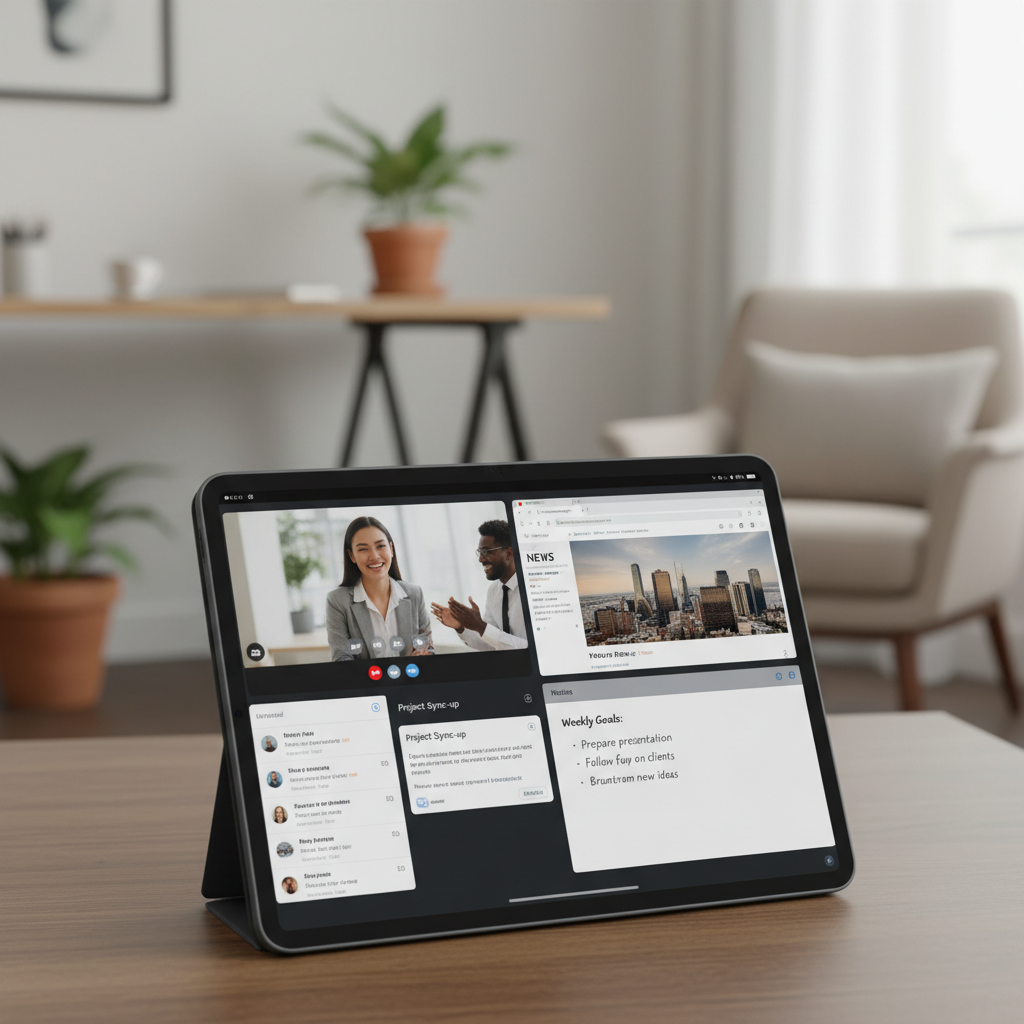 Close-up of a tablet display showing a multi-window productivity setup with a video call window, email, browser, and notes app all visible simultaneously, modern home office background blurred, lifest