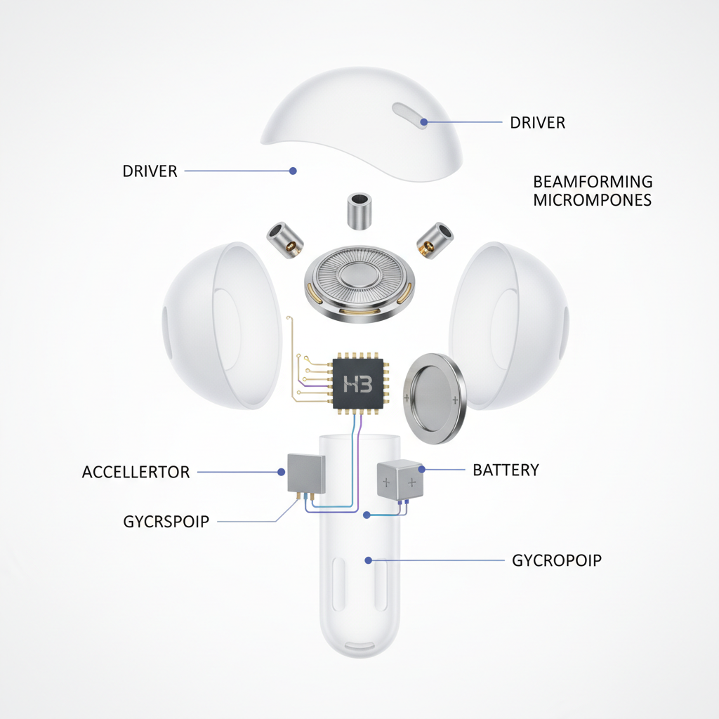 Cutaway technical illustration of a wireless earbud showing internal components: driver, beamforming microphones, accelerometer, gyroscope, H3 chip, battery — exploded view, scientific photography sty