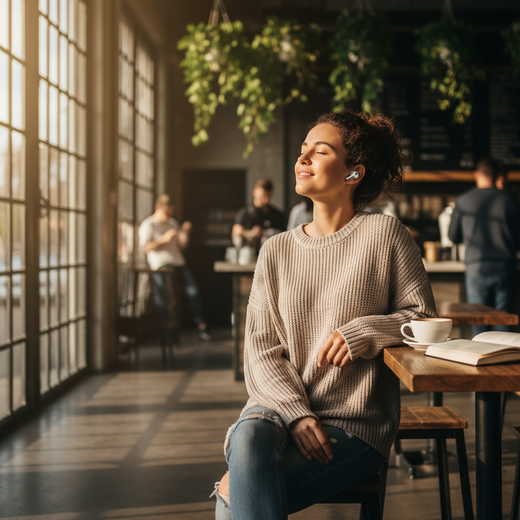 Person wearing wireless earbuds in a modern cafe, eyes closed enjoying music, soft afternoon light streaming through windows, candid lifestyle photography, warm tones, depth of field, photorealistic