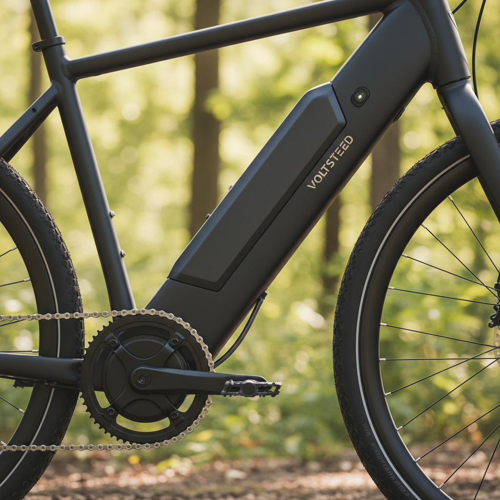 Detailed close-up of an electric bike's integrated battery and motor system on the down tube, hub motor visible, modern minimalist design, technical product photography, soft outdoor lighting, photore