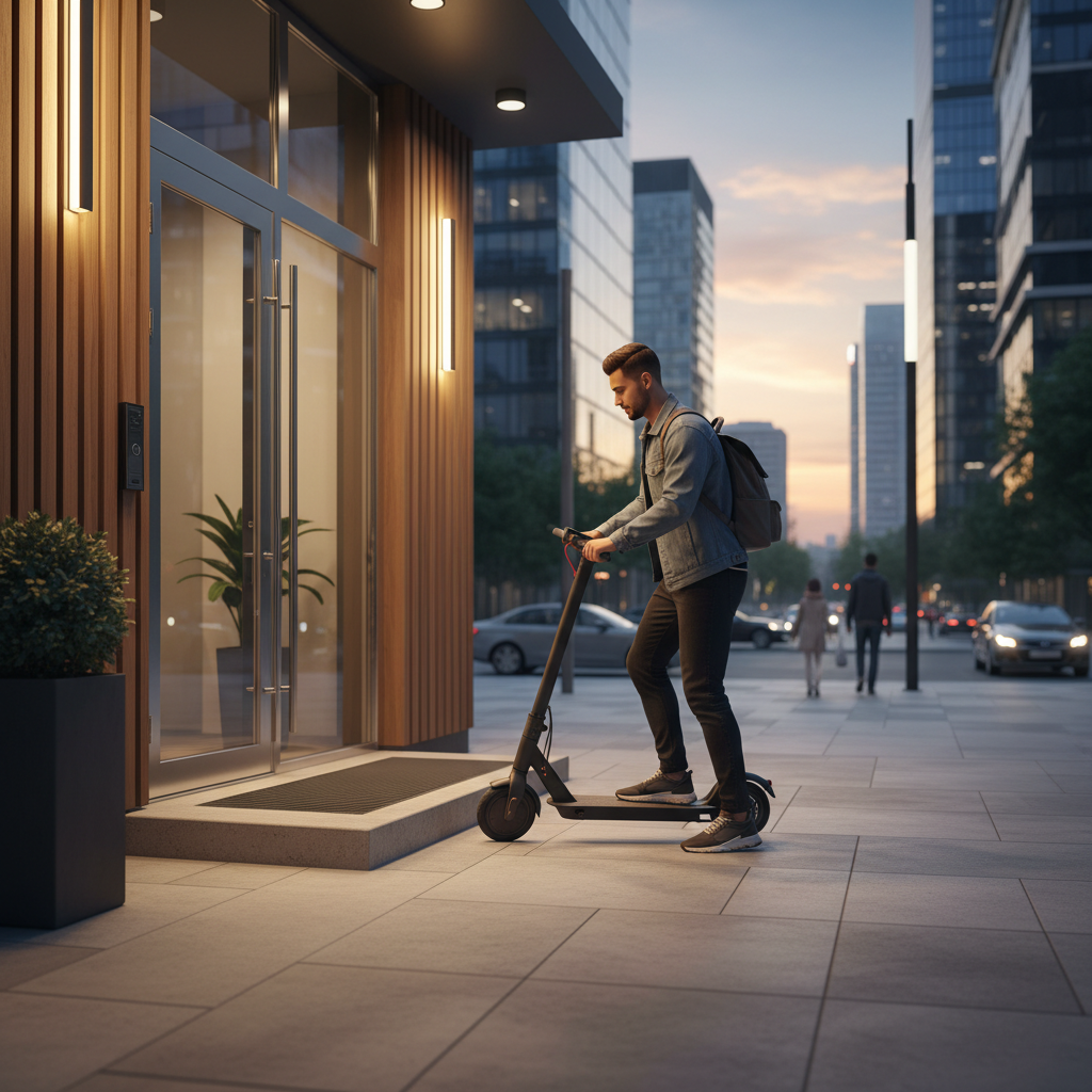 Foldable electric scooter parked next to an apartment entrance in a modern city, person about to lift it to carry inside, urban setting at dusk, ambient street lighting, lifestyle photography, photore