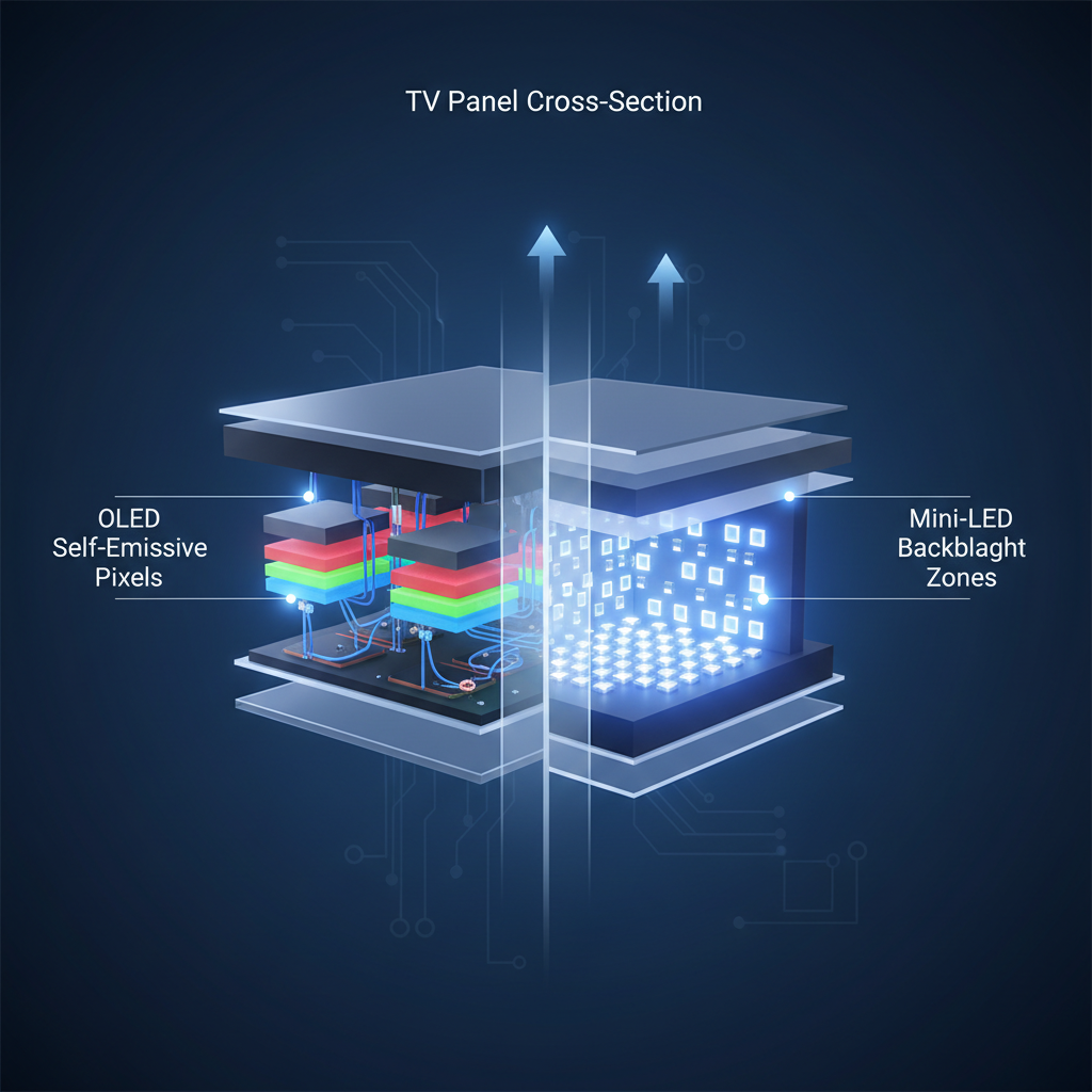 Microscopic close-up cross-section illustration showing OLED self-emissive pixels on one side and Mini-LED backlight zones on the other side of the same TV panel, scientific technical visualization, b