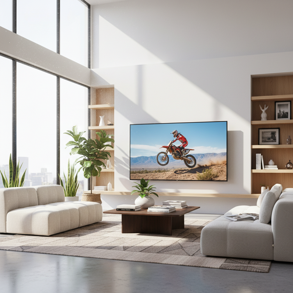 A bright sunlit living room with a large Mini-LED TV displaying a vibrant outdoor sports scene, sunlight pouring through windows, modern furniture, lifestyle photography, demonstrating high ambient br