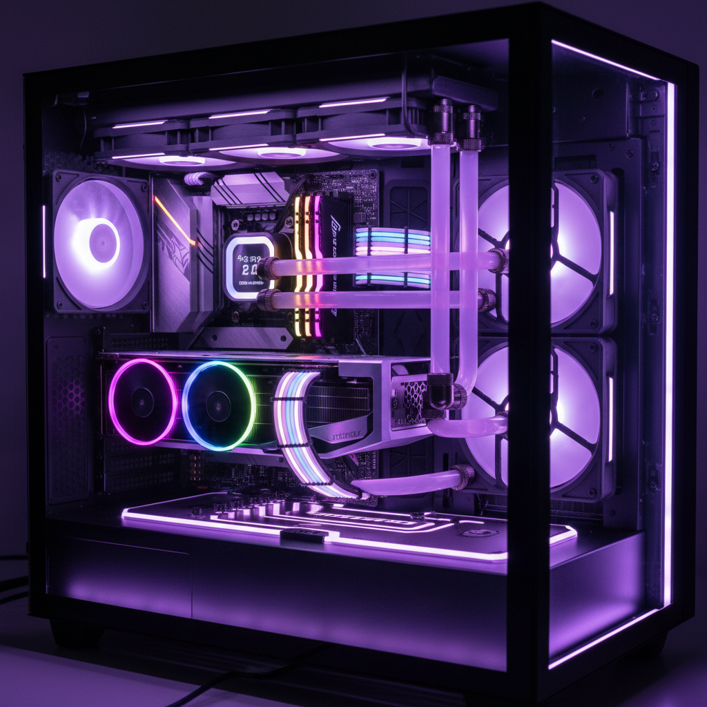 Close-up of an RGB-lit gaming PC interior showing a high-end graphics card, custom liquid cooling, vertical GPU mount, transparent side panel, neon-purple ambient lighting, product photography, ultra