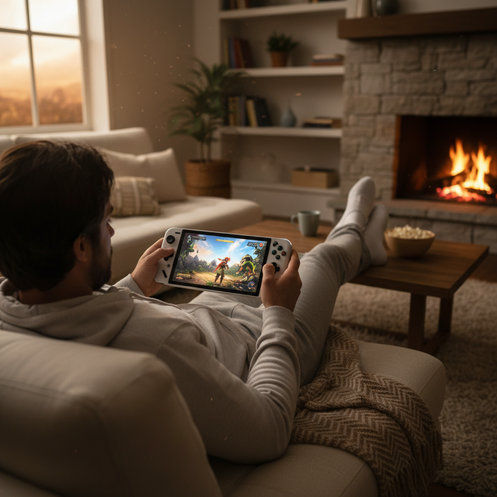 Person comfortably playing a handheld gaming PC on a couch in a cozy living room, OLED screen glowing with an action game, soft warm evening lighting, candid lifestyle photography, depth of field back