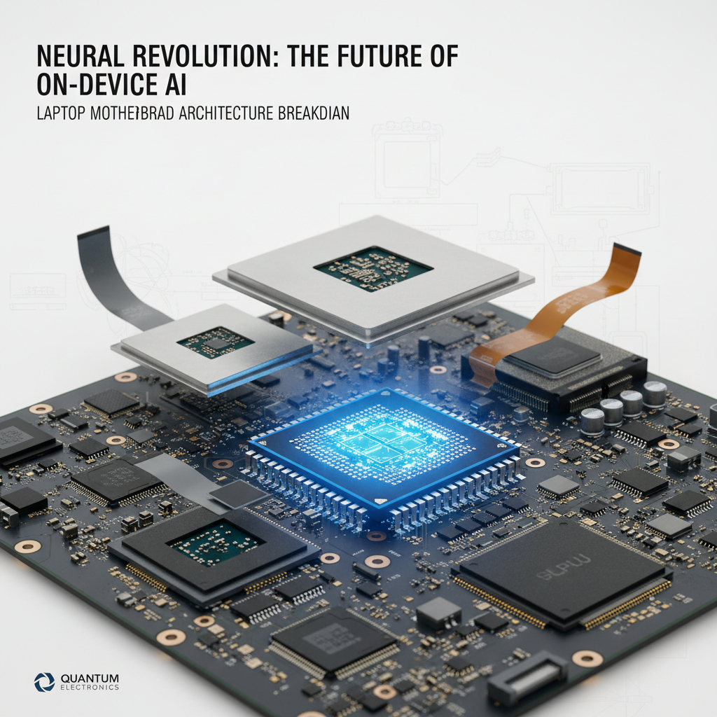 Close-up technical illustration of a laptop motherboard with the NPU chip highlighted in glowing blue, surrounded by CPU and GPU components, exploded view, semiconductor photography style, scientific