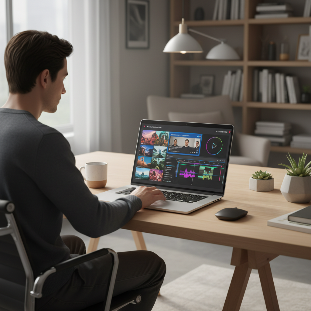Person using a laptop with multiple AI-generated content windows open: image generation, real-time translation, video editing — split screen view, modern home office, natural lighting through window,
